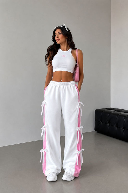 Women's White Wide Leg Ribbon Track Pants | TT034
