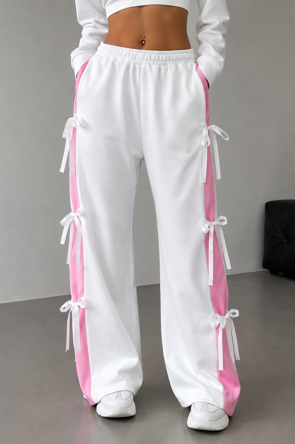 Women's White Wide Leg Ribbon Track Pants | TT034