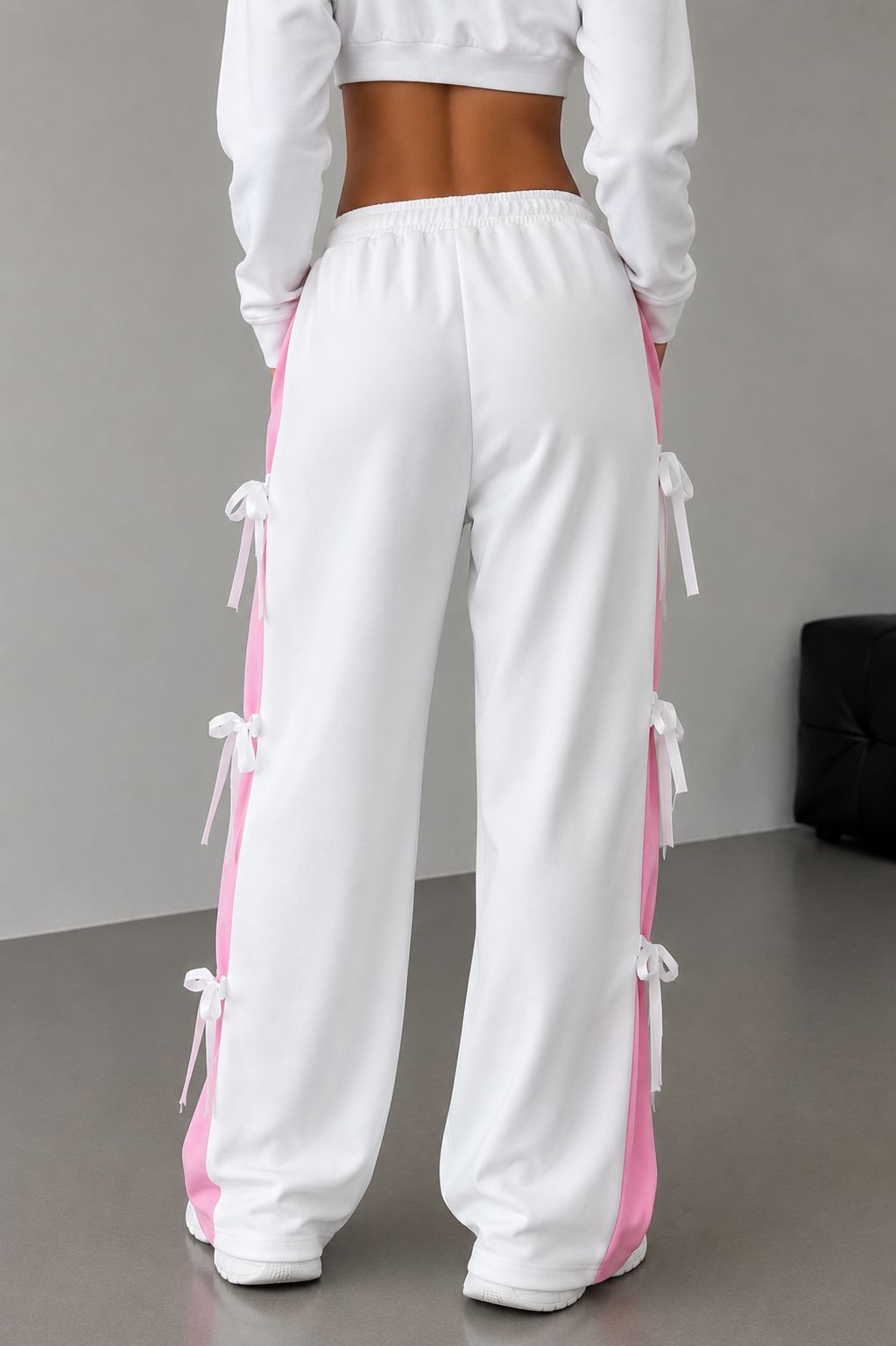 Women's White Wide Leg Ribbon Track Pants | TT034