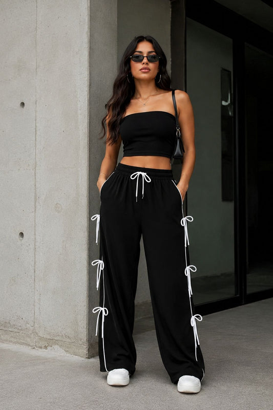 Women's Black Wide Leg Ribbon Track Pants | TT033
