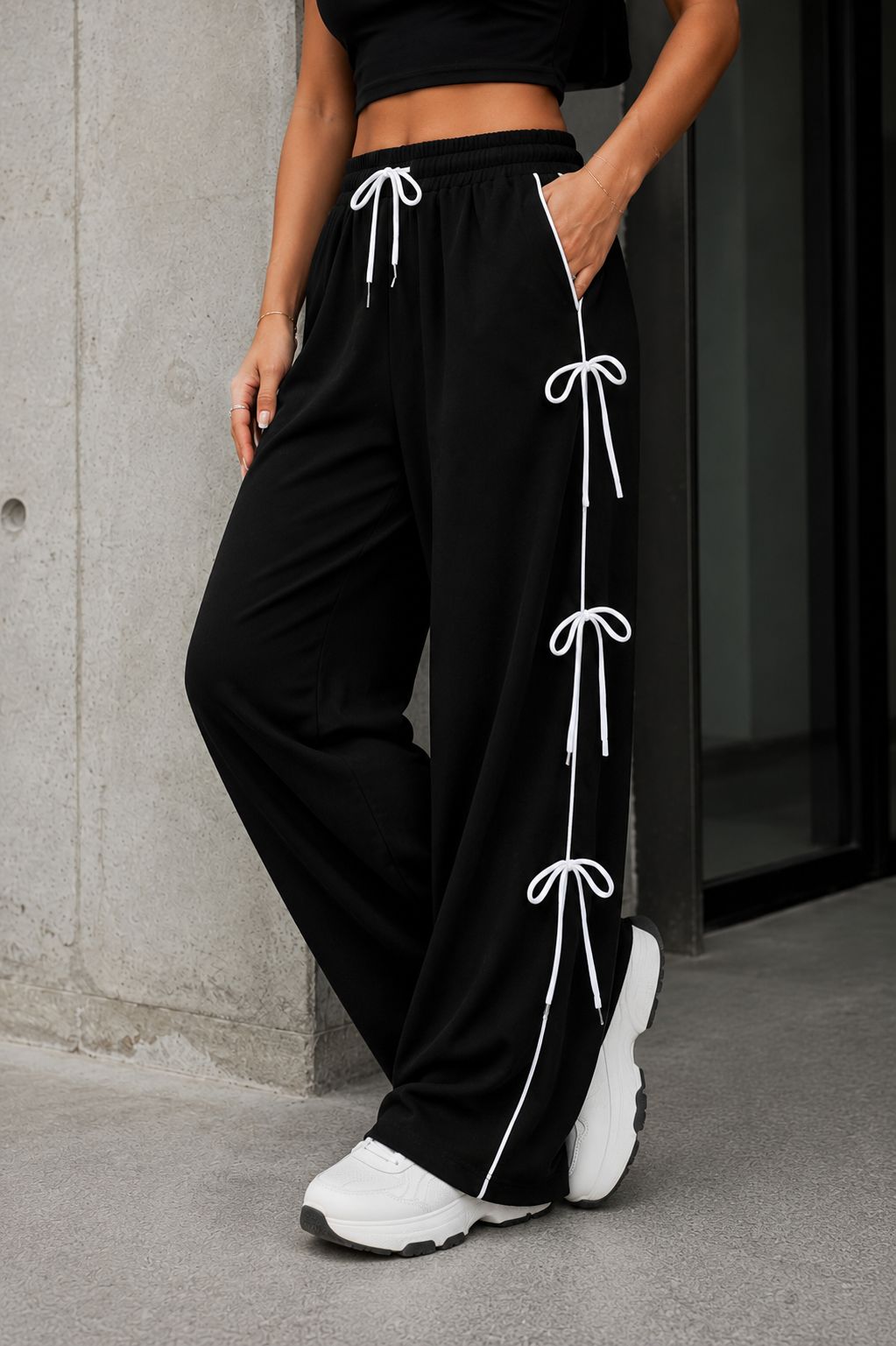 Women's Black Wide Leg Ribbon Track Pants | TT033