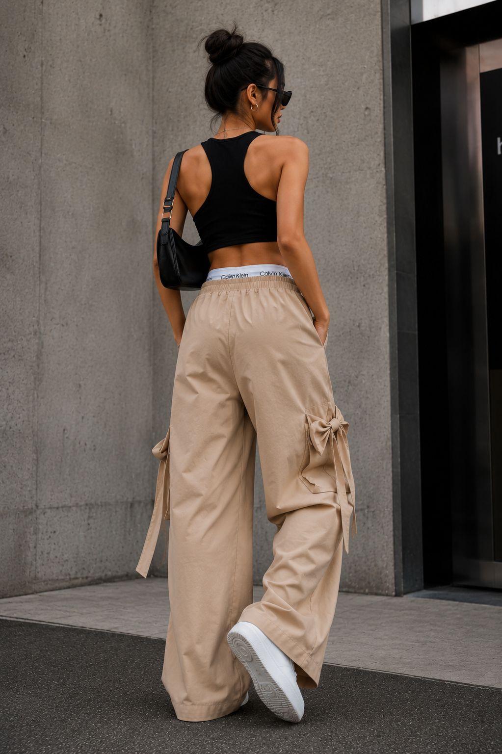 Women's Khaki Wide Leg Cargo Pants with Utility Pockets | TT030