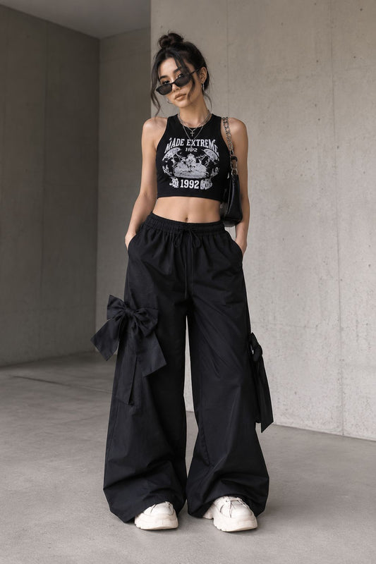 Women's Black Wide Leg Cargo Pants with Bow Pocket Detail | TT031