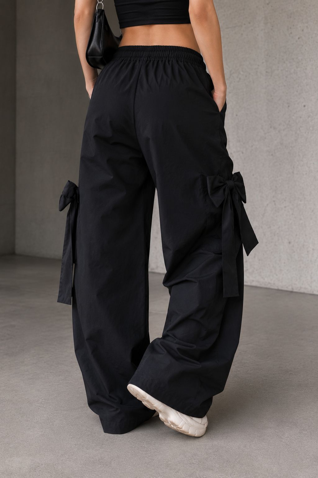 Women's Black Wide Leg Cargo Pants with Bow Pocket Detail | TT031