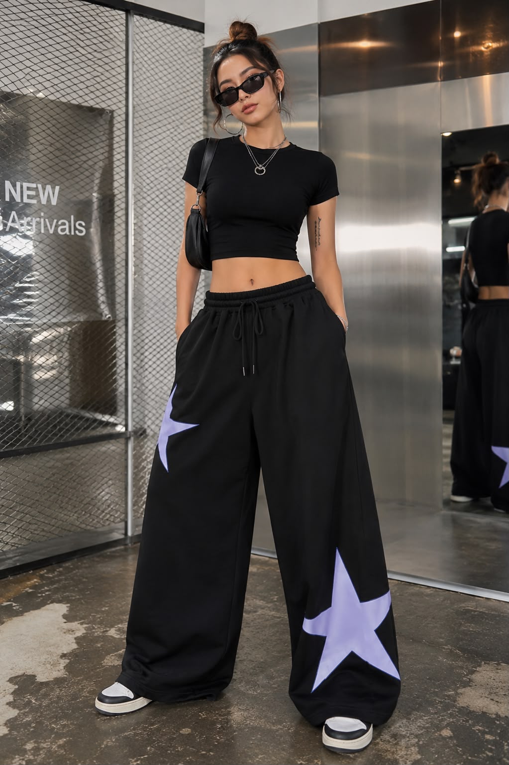 Women's Black Star Print Wide Leg Pants | TT028