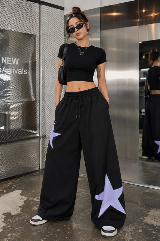 Women's Black Star Print Wide Leg Pants | TT028