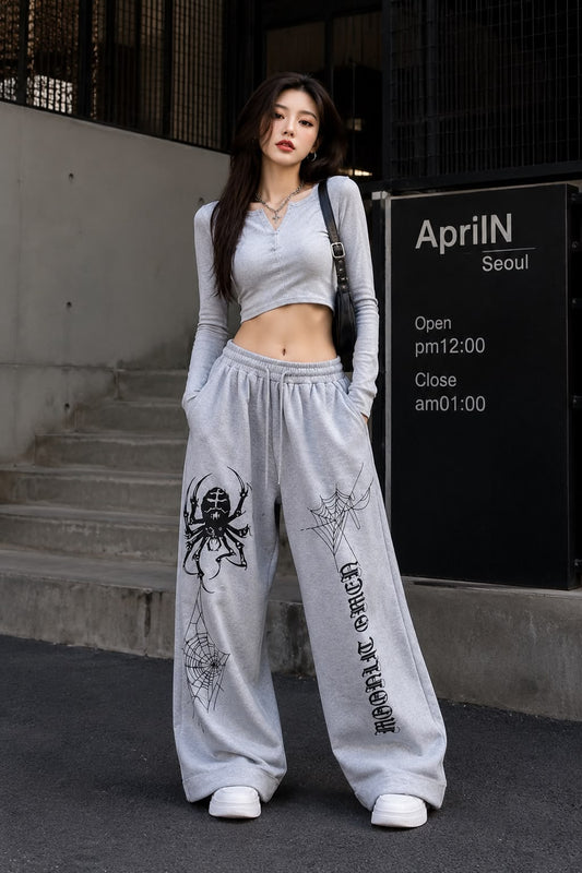 Women's Grey Graphic Print Wide Leg Baggy Pants | TT029