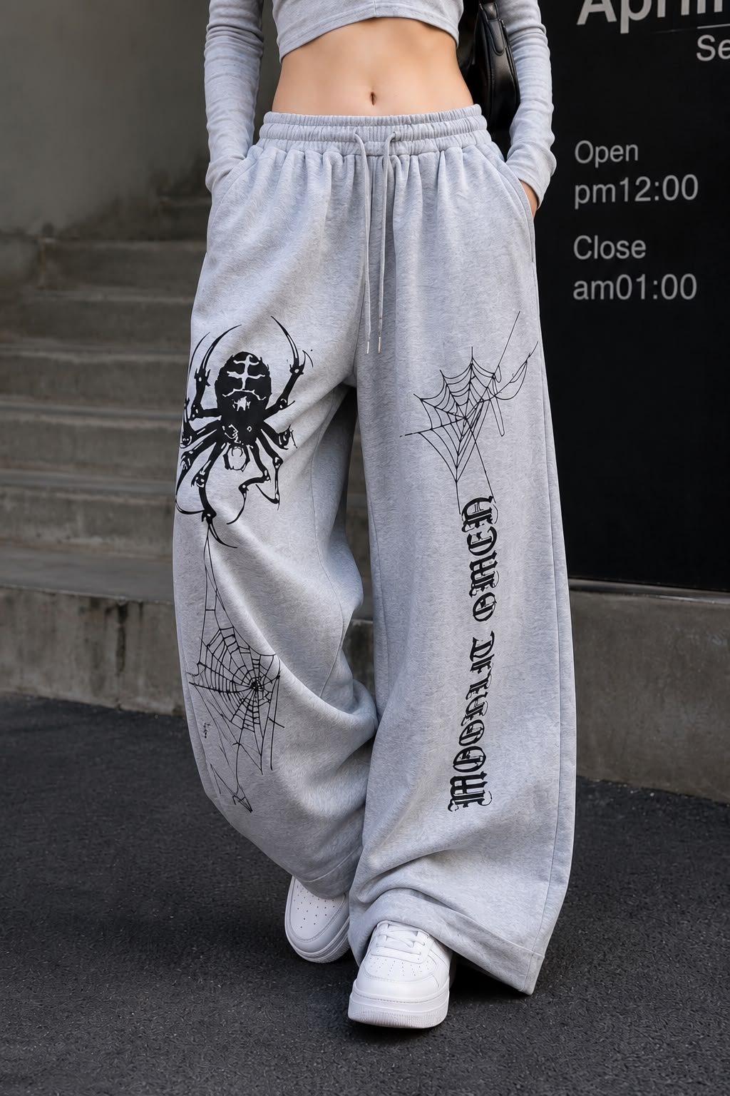 Women's Grey Graphic Print Wide Leg Baggy Pants | TT029